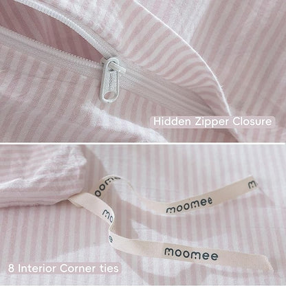 MooMee Striped Duvet Cover Set 100% Washed Cotton Linen Like Textured Breathable Durable Soft Comfy (Heathered Greyish Pink Pinstripes, Palatial King/Oversized King 120"x98")