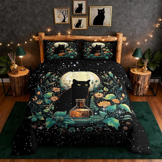 Castle Fairy Cute Cat Kids Comforter Set King Size,Flower Leaves Bedding Set Moon Night Starry Sky Quilt Set for Girls Boys Teens Room Decor,Trippy Pet Animals Plant Duvet Insert,2 Pillowcases,Black