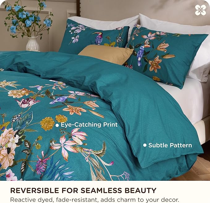 Bedsure Floral Duvet Cover King Size - 100% Cotton Reversible Vintage Teal Bird Duvet Cover Set, 3 Pieces Soft & Breathable PureWoven Bedding Set with 2 Pillow Shams (Chinoiserie Teal 104"x90")