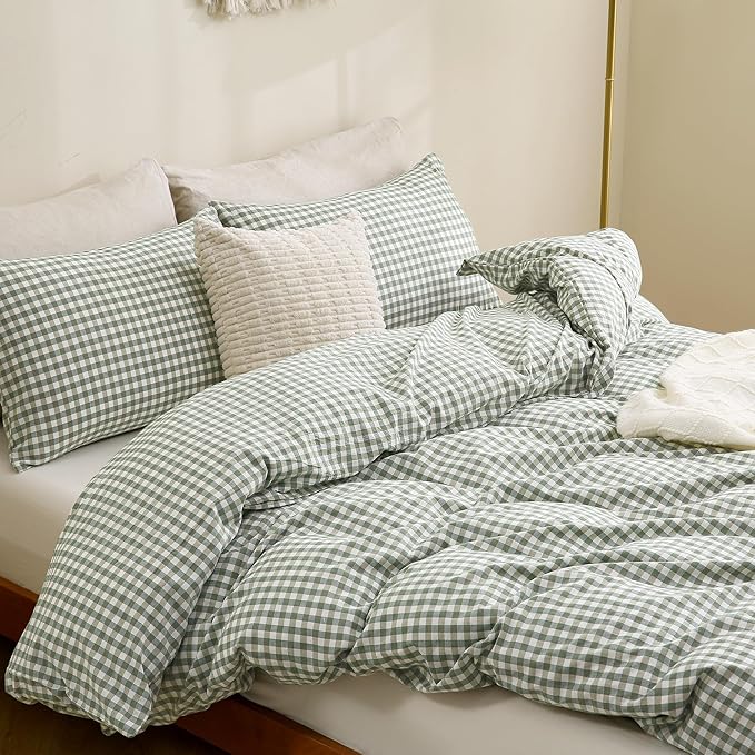 TOCOMOA Green Gingham Duvet Cover Bedding Set 100% Washed Cotton Like Linen Feel Super Soft Comfy 3 Piece Vintage Plaid Checkered Comforter Cover Set (Oversized Queen 98"x98", Comforter Not Included)