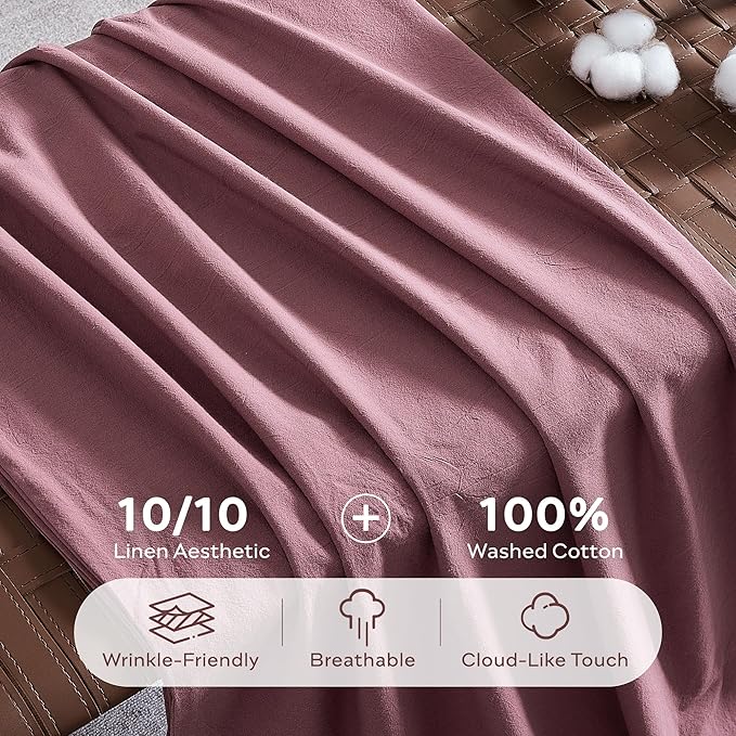 JELLYMONI 100% Washed Cotton Duvet Cover Cal King – Soft, Breathable Linen-Look Bedding with Natural Wrinkle Texture, Button Closure, 3-Piece Set (Deep Rose, 104"x98")