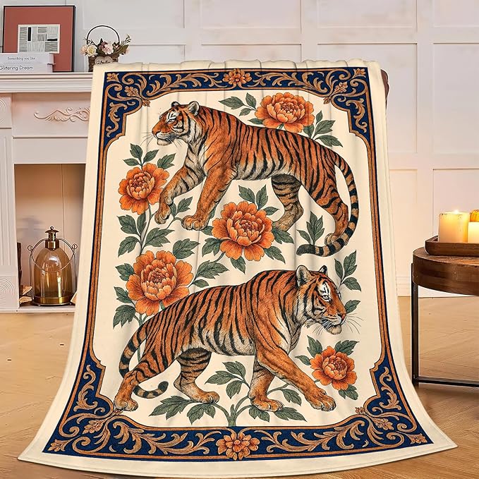 Tiger Blanket Super Soft Warm Fluffy Fleece Flannel Asian Oriental Animal Throw Blanket Cozy Fuzzy Plush Stuff Bedding Blankets Gifts for Women Kids Boys Girls Adults 80"X60"