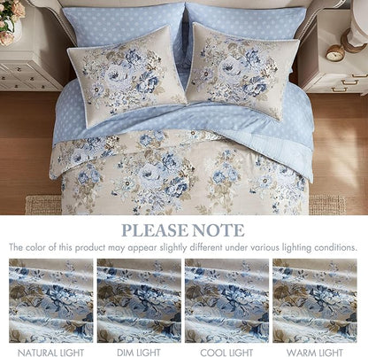 Madison Park Essentials Floral Comforter Set Queen Size, Vintage Flower Bedding Set with Sheet Set, 7 Pieces Bed in a Bag with Reversible Botanical Comforter, Pillowcases & Shams, Heather, Beige/Blue