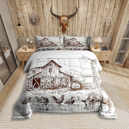Windmill Comforter Set Full, Rustic Barn Farmhouse Bedding, Chick Cow Farm Animals Down Comforter, Hand Drawn Illustration Bedding Comforters, Countryside Rural Meadow Room Decor Duvet Set, Taupe