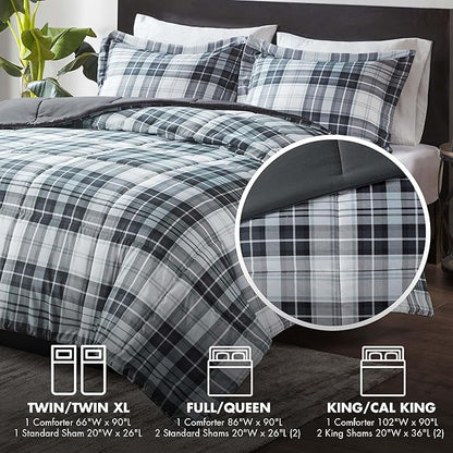 Madison Park Essentials Parkston Plaid Comforter, Matching Sham, 3M Scotchguard Stain Release Cover, Hypoallergenic All Season Bedding-Set, Twin/TwinXL, Black, 2 Piece