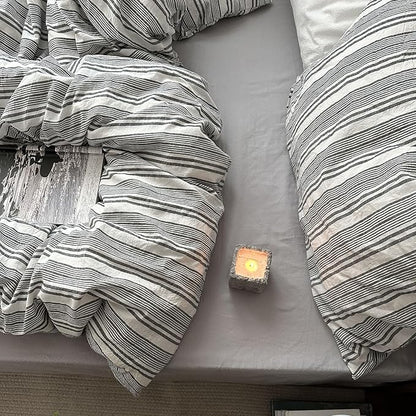 mixinni Vintage Gray & White Striped Duvet Cover Set - 3 Piece 100% Washed Cotton Queen Size Bedding | Minimalist Gender-Neutral Design | Ultra-Soft Breathable, with Zipper Closure & Corner Ties