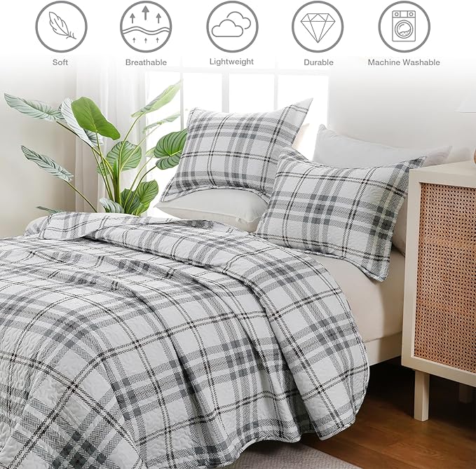 Plaid Quilt Set King Size - Ultra Soft Gingham Quilts Bedding Set with 2 Pillow Shams, Lightweight Reversible Striped Quilted Bedspread Coverlet 3 Pieces for Summer, 104"×90", Grey White