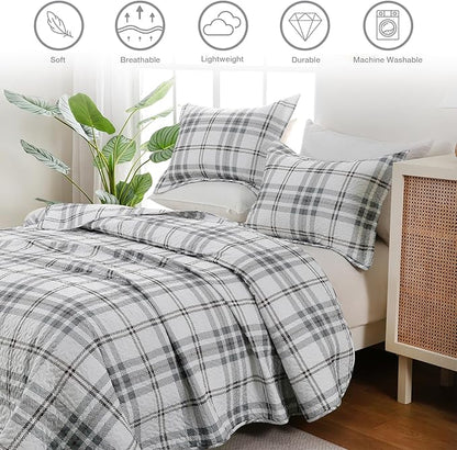 Plaid Quilt Set King Size - Ultra Soft Gingham Quilts Bedding Set with 2 Pillow Shams, Lightweight Reversible Striped Quilted Bedspread Coverlet 3 Pieces for Summer, 104"×90", Grey White