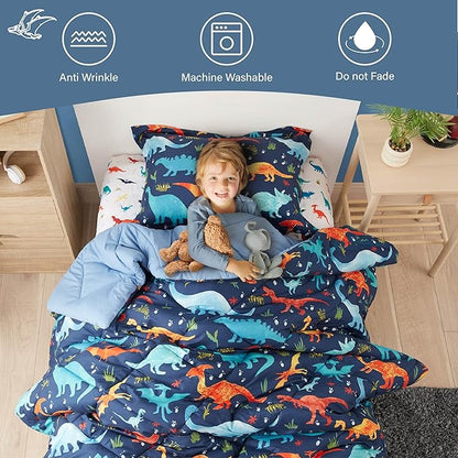 Queen Dinosaur Kids Bedding Set for Boys, 3 Pieces Queen Dinosaur Kids Comforter Sets, Super Soft Lightweight for All Seasons, Includes 1 Comforter (88"x88") and 2 Pillowcase (20"x26"+2")
