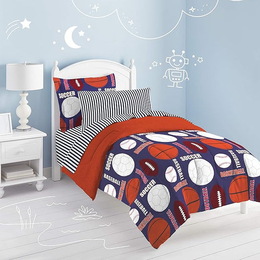 dream FACTORY Kids 7-Piece Complete Set Easy-Wash Super Soft Microfiber Comforter Bedding, Full, Navy All Sports