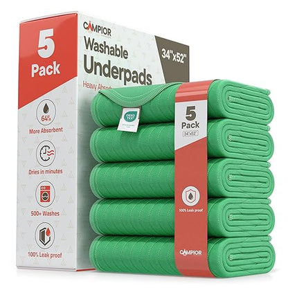Washable Underpads Extra Large 34"x52" (Pack of 5) – Reusable Waterproof Bed Pads for Adults & Seniors, Extra Heavy Absorbency Incontinence & Bedwetting Pads, Soft Non-Slip TPU Backing, Green.