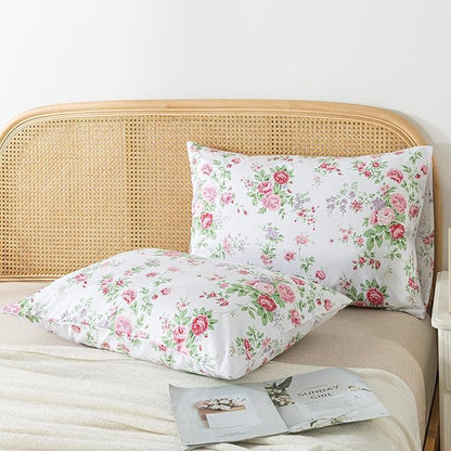 Zusbest 100% Cotton Pink Floral Pillow Cases Standard Size Set of 2, 19''×29'', Queen Size Shabby Rose Floral Pillowcases, Flower Printed Chic Pillow Covers Soft Envelope Queen Pillowcase Protectors