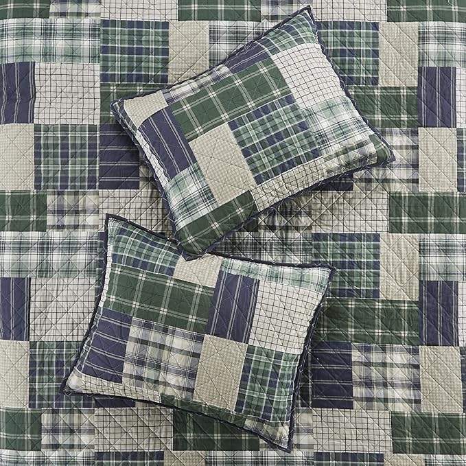 Madison Park Reversible Quilt Cabin Lifestyle Plaid Design - All Season, Breathable Coverlet Bedspread Bedding Set, Matching Shams, Full/Queen(90"x90"), Green/Navy 3 Piece