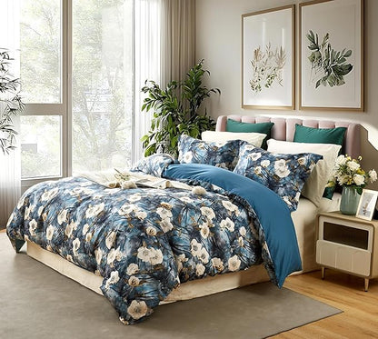 Cupocupa Duvet Cover Queen Size Set Boho Floral Pattern Queen Duvet Cover Set for Queen Size Bed Vintage Soft Bedding Leaf Print Duvet Cover with Pillowcases