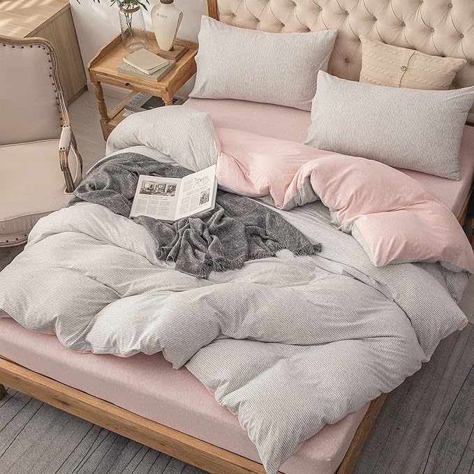 PURE ERA Jersey Knit Duvet Cover Set 100% T-Shirt Heather Cotton Super Soft Comfy Classic Striped Design, with Zipper Closure, Grey Light Pink Pinstripe, Queen