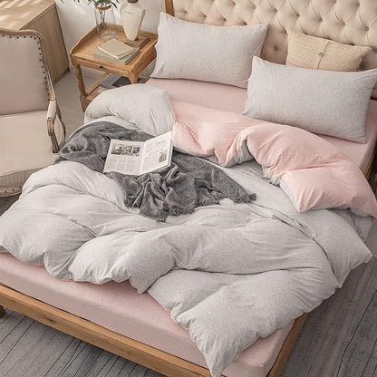 PURE ERA Jersey Knit Duvet Cover Set 100% T-Shirt Heather Cotton Super Soft Comfy Classic Striped Design, with Zipper Closure, Grey Light Pink Pinstripe, Queen