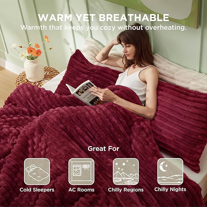 Bedsure Full Size Comforter Sets - GentleSoft™ 3 Pieces Double-Side Fleece Fluffy Dark Red Comforter Set, Cozy Striped Room Decor Aesthetic, Luxury Full Size Bedding, 2 Pillowcases, 82x86 Inches
