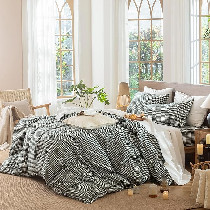 MooMee Gingham Duvet Cover Set 100% Washed Cotton Linen Like Textured Breathable Durable Soft Comfy Modern Checkered Design (Mini Gingham Forest Green, King 104"x90")