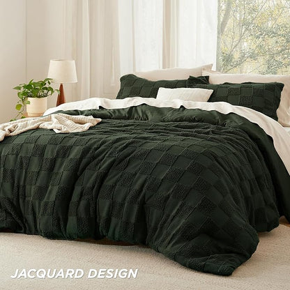Bedsure Twin/Twin XL Size Comforter Set Dark Olive Green, Boho Tufted Bed Set, Checkered Farmhouse Shabby Chic Bedding, 2 Pieces, 1 Plaid Geometric Comforter and 1 Pillow Sham