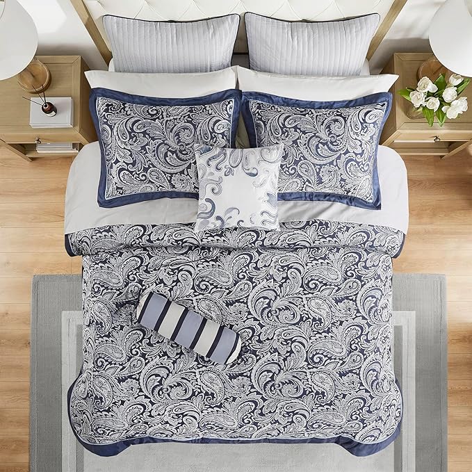 Madison Park Aubrey Cozy Comforter Set, Faux Silk Jacquard Paisley Design - All Season Down Alternative Bedding with Cotton Bed Sheets, Bed Skirt & Toss Pillows, Queen Navy 12 Piece