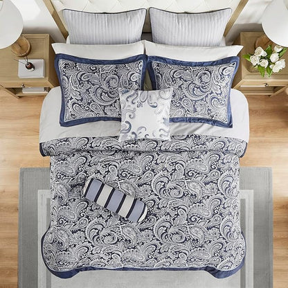 Madison Park Aubrey Cozy Comforter Set, Faux Silk Jacquard Paisley Design - All Season Down Alternative Bedding with Cotton Bed Sheets, Bed Skirt & Toss Pillows, California King Navy 12 Piece