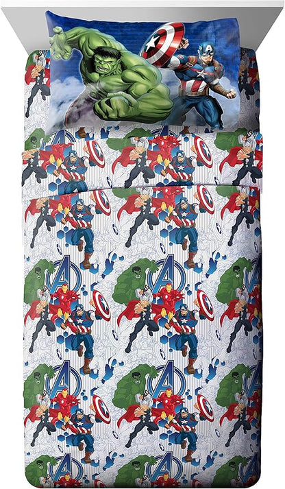 Marvel Avengers Blue Circle 5 Piece Full Bed Set - Includes Reversible Comforter & Sheet Set - Bedding Features Captain America & Iron Man - Fade Resistant Microfiber (Official Marvel Product)