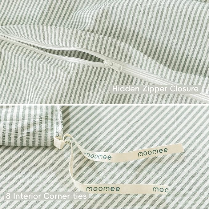 MooMee Striped Duvet Cover Set 100% Washed Cotton Linen Like Textured Breathable Durable Soft Comfy (Sage Green White Pinstripes, Super Queen 90"x98")