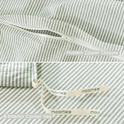 MooMee Striped Duvet Cover Set 100% Washed Cotton Linen Like Textured Breathable Durable Soft Comfy (Sage Green White Pinstripes, Super Queen 90"x98")