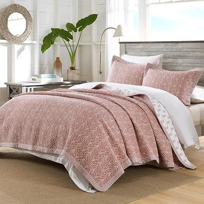 SahSahCasa Quilt Set Queen Size, 100% Cotton Quilt Bedding Set Bedspread, Botanical Pattern Solid Color Chic Lightweight Quilted Comforter for Queen Bed, White/Old Rose, All Season, 3 Pieces
