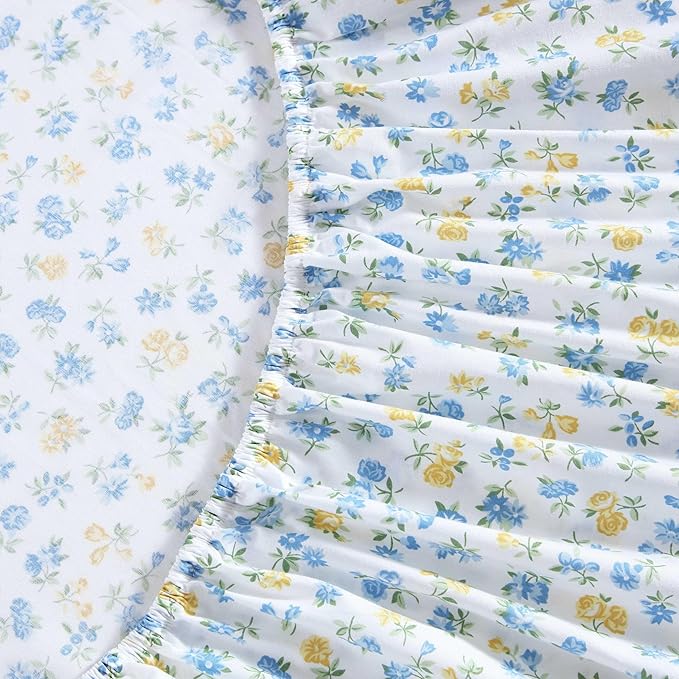 Laura Ashley - Queen Sheet Set, Crisp & Cool Cotton Percale Bedding for Year Round Comfort, Deep Pocket, Bed Sheets with Matching Pillowcases (Ditsy Doodle Blue)