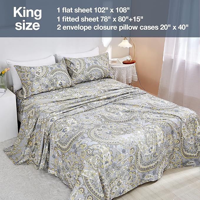 JSD Paisley Sheet Set King Size, 4 Piece Retro Pattern Microfiber Bedding Sheets Extra Deep Pocket