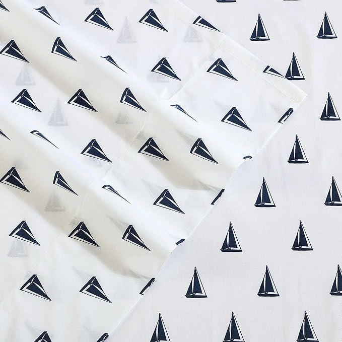 Nautica - Sheets, Cotton Percale Bedding Set with Matching Pillowcases, Crisp & Cool, Deep Pocket (Windtale Boat Navy, King)