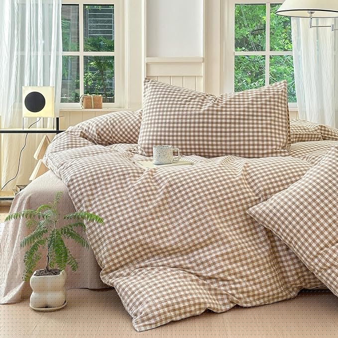 LifeTB Tan Gingham Comforter Set Full Modern Style Beige Plaid Comforter Set 3 Pieces Soft Fluffy Grid Checkered Pattern Comforter with 2 Pillowcases Farmhouse Gingham Bedding Comforter Full