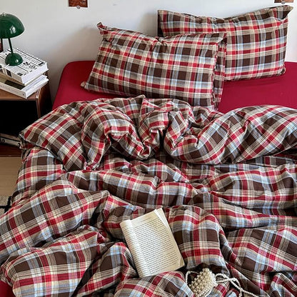Vintage Red Brown Buffalo Plaid Duvet Cover Queen 3 Pieces 100% Washed Cotton Plaid Bedding Set Breathable Soft Grid Checkered Pattern Comforter Cover Farmhouse Gingham Duvet Cover with Zipper Closure