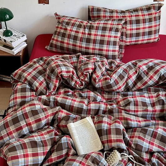 Vintage Red Brown Buffalo Plaid Duvet Cover Full Size Modern Soft 3 Piece Washed Cotton Grid Bedding Set Farmhouse Plaid Checkered Comforter Cover Breathable Gingham Duvet Cover with 2 Pillowcases