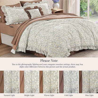 King Comforter Set - 7 Pieces Ruffle Beige Ditzy Bedding Sets, Shabby Chic Farmhouse Bed in a Bag King with Floral Comforter, Sheets, Pillowcases & Shams