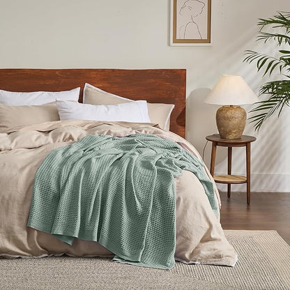 Bedsure Gentlesoft 100% Cotton Blanket Twin XL Size for College Dorm - Cooling Breathable and Soft for Spring Summer, Waffle Weave Twin Blanket for Bed, Dorm Room Essentials, Sage Green, 66x90 inches