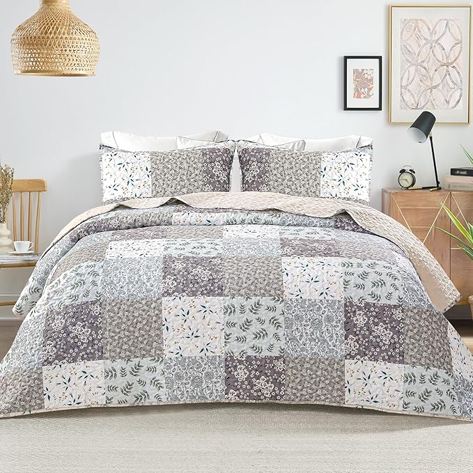 Whale Flotilla Patchwork Quilt Twin Size, Extra Soft Boho Floral Bedspreads for Bed Reversible Lightweight Twin Quilt Bedding Set Printed Coverlets with 1 Pillow Sham for All Seasons, Grey