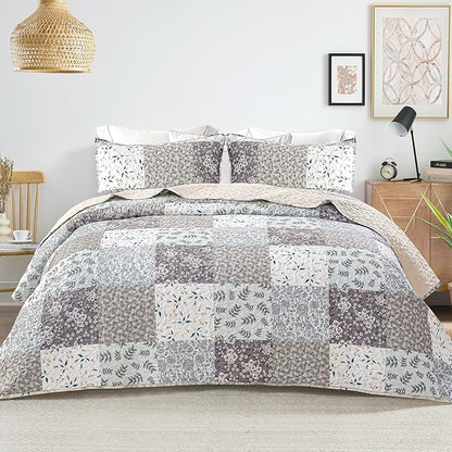 Whale Flotilla Patchwork Quilt Twin Size, Extra Soft Boho Floral Bedspreads for Bed Reversible Lightweight Twin Quilt Bedding Set Printed Coverlets with 1 Pillow Sham for All Seasons, Grey