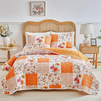 Joyreap 2 Pieces Floral Patchwork Quilt Set Twin, Orange n White Flowers Design, Smooth Soft Microfiber Quilt, Bedspread Bed Cover for All Season- 68x86 inches
