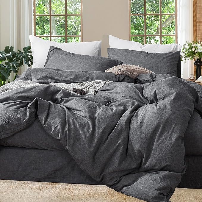 MooMee Bedding Duvet Cover Set 100% Washed Cotton Linen Like Textured Breathable Durable Soft Comfy (Heathered Dark Grey, Super King Plus 120"x120")