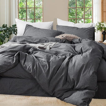 MooMee Bedding Duvet Cover Set 100% Washed Cotton Linen Like Textured Breathable Durable Soft Comfy (Heathered Dark Grey, Super Queen 90"x98")