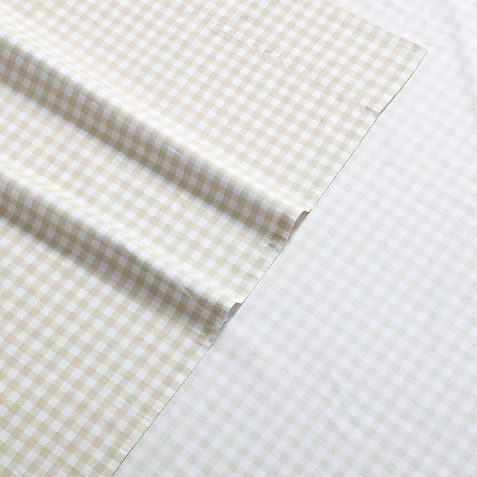 Eddie Bauer - Sheet Set, Cotton Percale Bedding with Matching Pillowcase, Crisp & Breathable, 200-Thread Count, Classic Comfort Essentials (Little Gingham Beige, King)