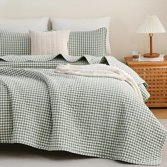 TOCOMOA Green Brown Gingham Quilt Bedding Set 100% Washed Cotton Bedspread Coverlet Like Linen Feel Soft Comfy Breathable 3 Pcs Plaid Checkered Lightweight Comforter Set for All Season, Queen 96"x90"