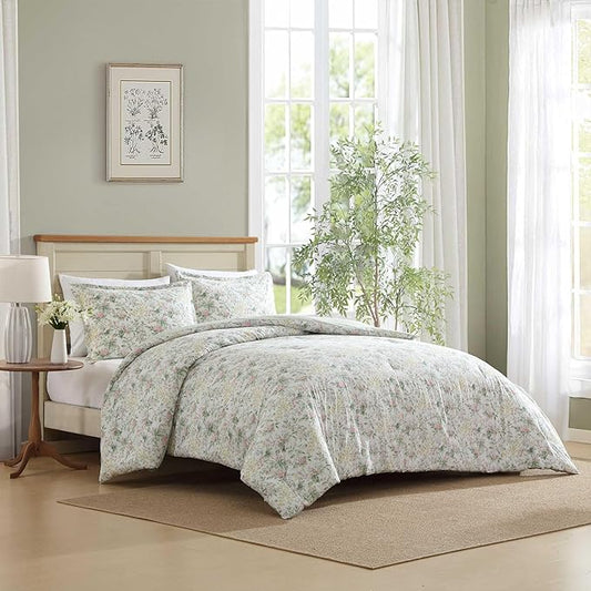 Laura Ashley - King Comforter Set, Super Soft Cotton Bedding with Matching Sham, Botanical Design, Vintage Bed Essentials (Bramble Floral Pink, King)