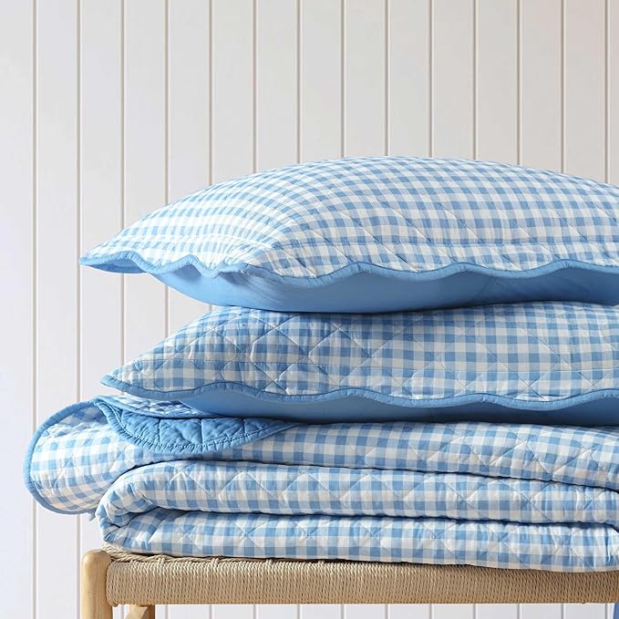 Martha Stewart - Twin Quilt Set, 100% Soft & Breathable Bedding with a Lightweight Feel for Year Round Comfort, 2 Piece Bed Set with Matching Pillowcase (Olivia Gingham Blue)
