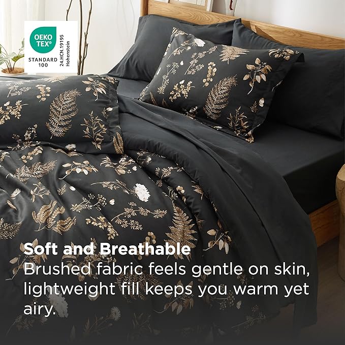 Bedsure Black King Comforter Set - 7 Pieces Floral Bedding Sets King Bed in a Bag with Reversible Botanical Flowers Comforter, Sheets, Pillowcases & Shams