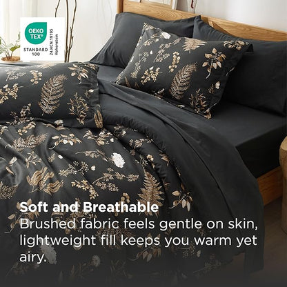 Bedsure Black Twin Comforter Set - 5 Pieces Floral Bedding Sets Twin Bed in a Bag with Reversible Botanical Flowers Comforter, Sheets, Pillowcase & Sham
