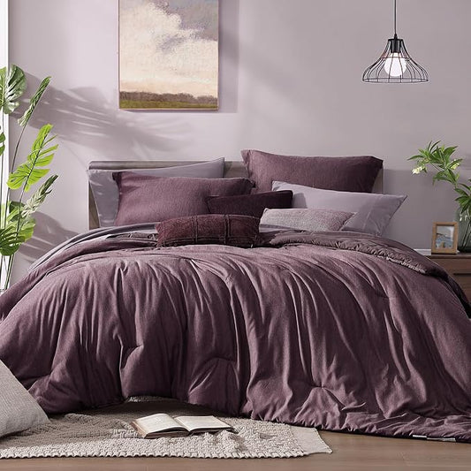 Monbix California King Comforter Set - 7 Pieces Cationic Dyeing Italian Plum Bed in a Bag Cal King Bed Sets with Comforter, Sheets, Pillowcases & Shams, Reversible Bedding Comforters Sets