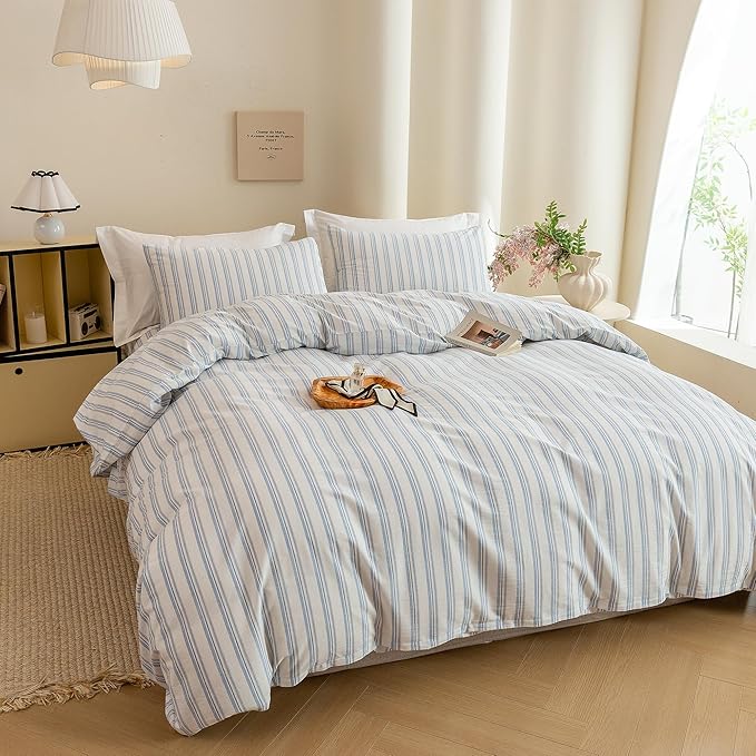 ECOCOTT Striped Duvet Cover Queen Size -100% Washed Cotton Linen Like Textured Breathable Durable Soft Comfy Bedding Set with Zipper Closure & Corner Ties